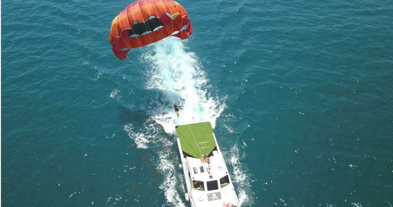 海上拖曳傘體驗可用不同視角俯瞰澎湖蔚藍海岸線。