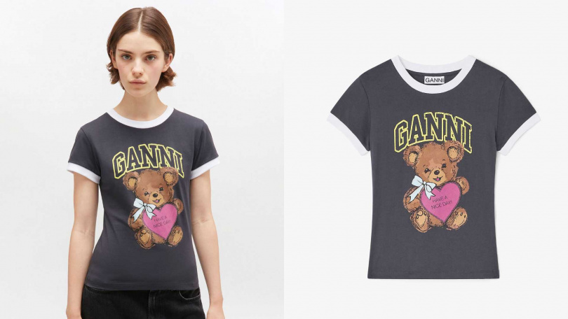 GANNI小熊印花合身短袖上衣-幽靈灰／4,300元（圖／品牌提供）