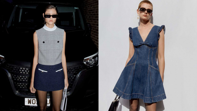 左：self-portrait GREY TAFFETA上衣／14,800元、self-portrait Navy Boucle短裙／13,300元；右：self-portrait Denim Flared洋裝／14,300元（圖／品牌提供）