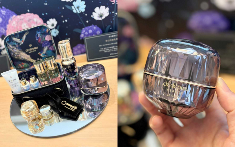 週慶必收No.1的奇幻列車乳霜晶露組，內含精萃光采激光晶露50ml(奇幻列車)+精質乳霜30ml(奇幻列車)+精萃光采保濕修護露II 30ml x2+精萃光采潔膚皂20ml+精萃光采激光晶露II 7ml x2+塑妍逆齡煥活眼霜2ml+精質乳霜5ml+精萃化妝棉II 14片+奇幻列車限量訂製旅行提包，優惠價27,000元(百貨9折價 24,300元)。（圖／吳雅鈴攝）