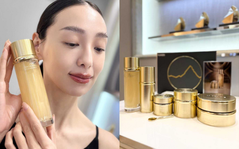 LA PRAIRIE極緻金燦系列以新品「極緻金燦金露」為首，還有眼霜、精華、乳霜、晚霜，皆採用「黃金三鍛微導科技™」，成套搭配起來是最完整的密集修護程序。（圖／吳雅鈴攝）