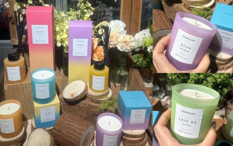 STONEGLOW 繽紛饗宴系列香氛蠟燭 40hr / 1,600元、擴香 130ml / 1,800元，右為甜綿花糖 Spun Sugar、椰香奶蓋 Lait De Coco（圖／黃筱婷攝）