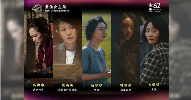 最佳女主角入圍的有方郁婷（大濛）、劉若英（我們意外的勇氣）、林依晨（深度安靜）、高伊玲（我家的事）、范冰冰（地母）。（圖／金馬執行委員會）
