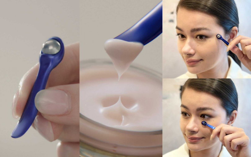 不只能當挖匙，還可雙面使用的「眼部拉提撥筋棒」，先以冰珠滾動按摩，再用冰珠後側按壓穴點。（圖／吳雅鈴攝、品牌提供）