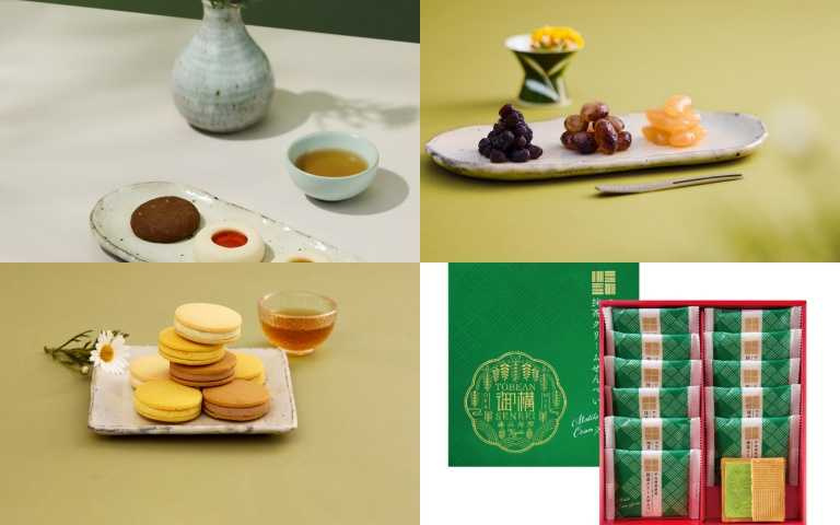 Fika 綜合餅乾禮盒16入／850元、銀座鈴屋 銀座六花蜜漬豆3入禮盒／700元、THE SWEETS 可可夾心餅乾9入禮盒／850元、藤兵衛庵 抹茶奶油夾心煎餅禮盒／560元。（圖／品牌提供）