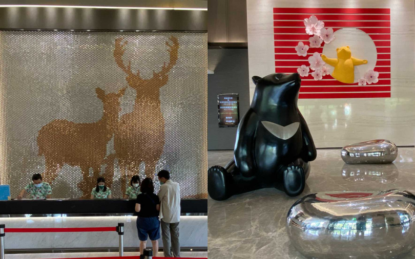 飯店大廳以阿里山、雲海、台灣黑熊、梅花鹿等嘉義特色意象設計出許多裝置藝術。