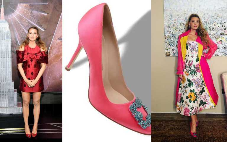MANOLO BLAHNIK霓虹粉色緞面HANGISI高跟鞋搭配藍鑽51,800元。（圖／取自Blake lively ig、品牌提供）