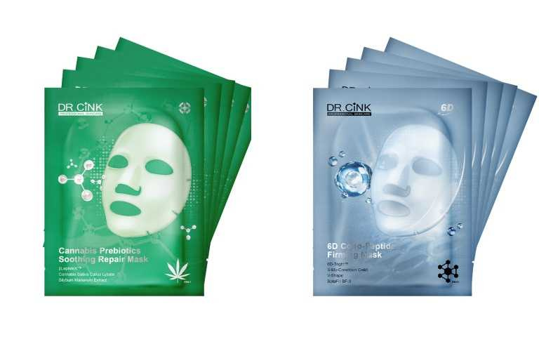 DR.CINK 大麻益生元舒緩面膜28mlX5入/600元、DR.CINK 超時空激光6D毒螺胜肽緊膚面膜28mlX5入/600元。（圖／品牌提供）