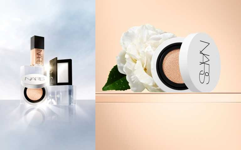 (左)享有完美濾鏡感，全系列用起來。NARS 裸光底妝全系列 (右)NARS 裸光凝亮水精華氣墊 SPF 50+ / PA++ 11g/2,200元（圖／品牌提供）