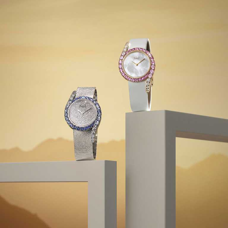 PIAGET「Limelight Gala」系列全新高級珠寶腕錶，（左）「晨光」18K白金藍寶石鑲鑽高級珠寶腕錶，限量18只╱4,080,000元；（右）「暮色」18K白金粉紅藍寶石鑲鑽高級珠寶腕錶，限量50只╱1,940,000元。（圖╱PIAGET提供）