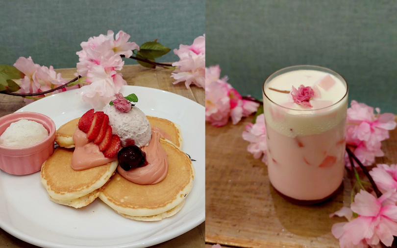 「春櫻爛漫薄鬆餅」（左，250元）、「粉櫻奶凍歐蕾」（冰，200元）。（圖／魏妤靜攝）