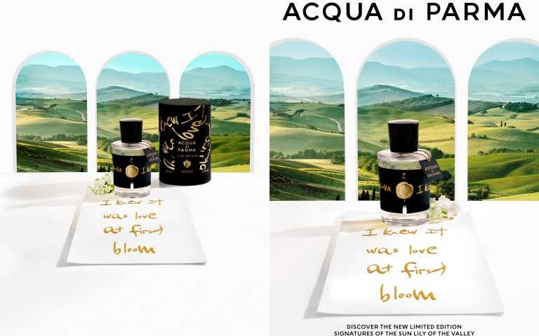 Acqua di Parma「山谷中的鈴蘭情人節限定版」將香水瓶視為信紙，用金色筆觸雋刻愛的詩語 –「我知道這就是一見鍾情的愛」。這是Acqua di Parma第一次在香水瓶身沒有任何品牌標籤的設計，僅以一封黑色信件將愛語包覆裸身、金色火漆封蠟點綴，最後加上帶有品牌經典標誌吊墜，將豐富的愛意完美呈現。 （圖／品牌提供）