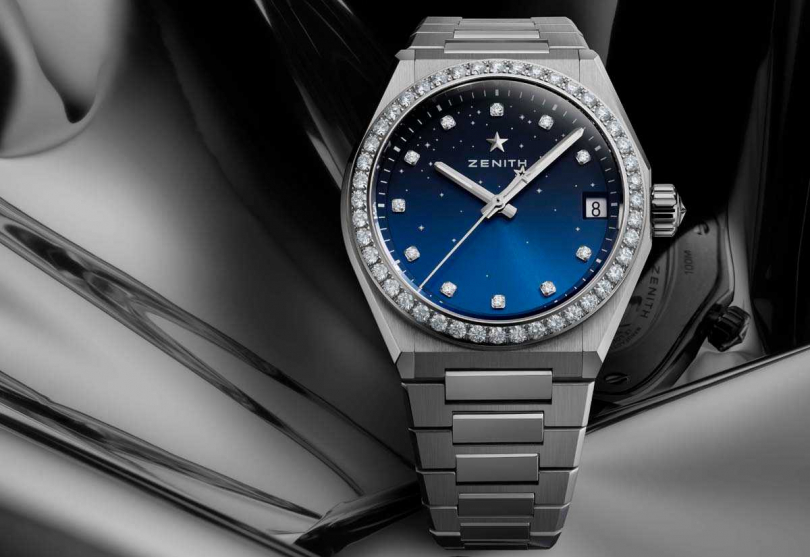 ZENITH「DEFY Midnight」藍面鑲鑽腕錶╱350,300元（圖╱ZENITH提供）