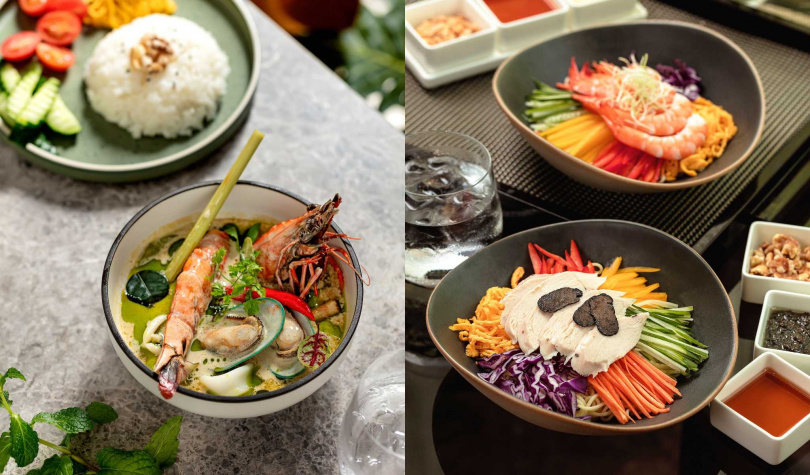 「泰式綠咖哩鮮蝦飯」使用泰國茉莉香米（左，420元），右圖上下分別為「泰式酸辣涼麵」、「和風松露涼麵」。（各280元，圖／國聯大飯店提供）