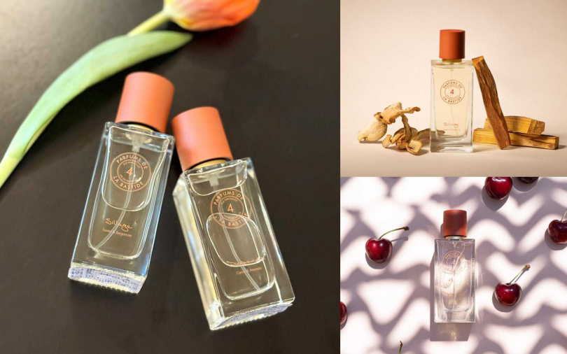 呂貝宏櫻桃花香水x艾克斯佛手柑檀木香水的疊香方式,可呈現低調雅致的花果木香。(圖/吳雅鈴攝、品牌提供)
