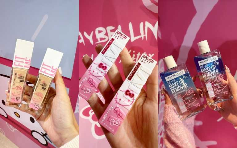 媚比琳X Hello Kitty FIT ME 反孔特霧粉底液 / 469元、超持久水光鎖吻唇釉 鎖吻棒 / 499元、輕柔眼唇卸妝液 150ml / 234元(圖/品牌提供)