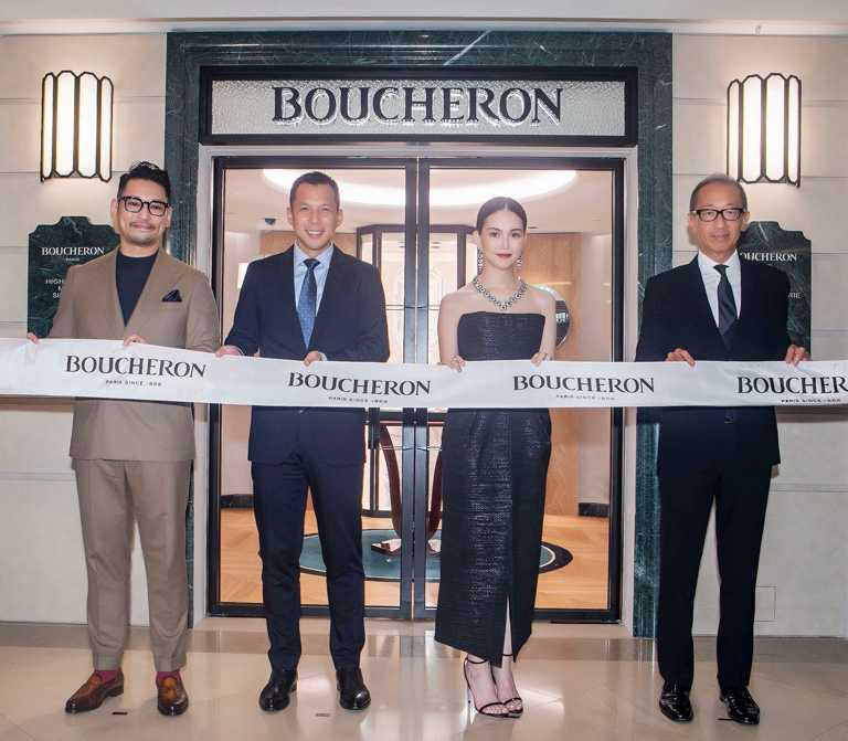 （由左至右）BOUCHERON台灣區總經理Chris、亞太執行總裁Andre、品牌大使昆凌與麗晶晶華酒店集團潘思亮董事長，共同為寶詩龍麗晶精品店開幕剪綵。（圖╱BOUCHERON提供）