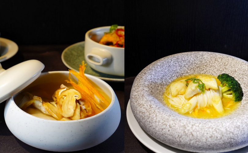 「松茸日月魚燉螺頭」（左）湯色清澈、甘美入味，「藍鑽蟹肉燴稻庭麵」則放入煎煮過的泰國野生藍鑽蟹肉和蟹膏，再加濃郁上湯更顯鮮甜。