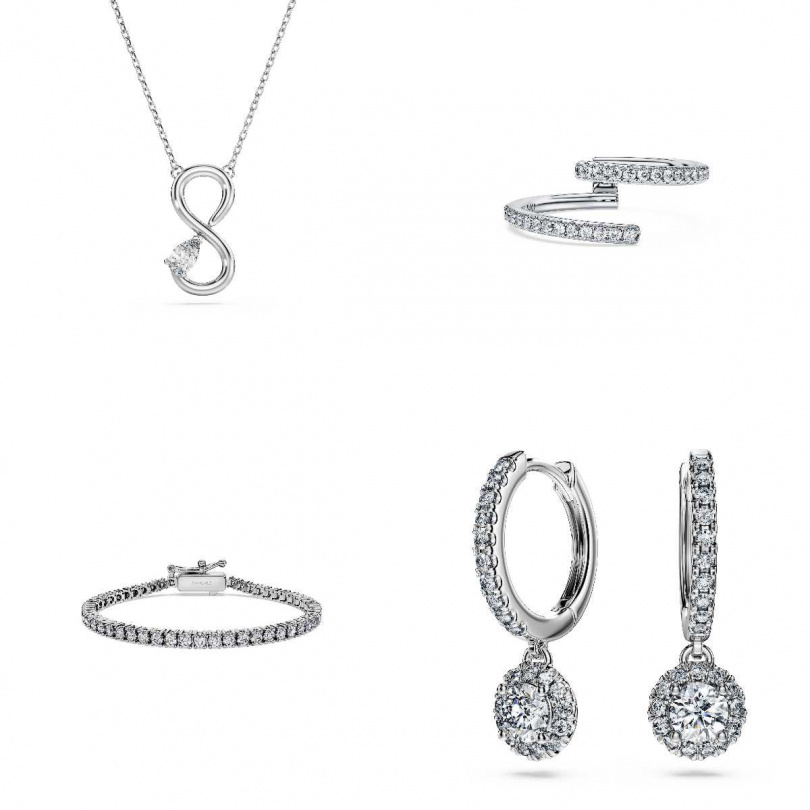 (左上)Swarovski Eternity 鏈墜/38,000元,(右上)Eternity 開口環戒/32,000元,(左下)Eternity Tennis 手鏈/85,000元,Eternity 水滴形耳環/68,000元(圖/品牌提供)