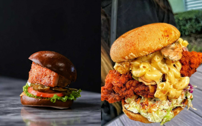 左圖為漢堡世家 Burgerciaga｜脆皮豬漢堡、右圖為Hotties 美式炸雞｜起司通心粉炸雞堡。（圖／品牌提供）