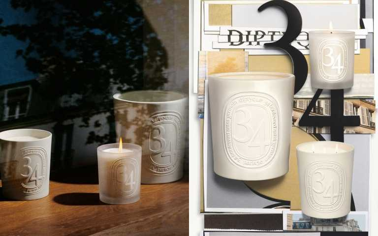 34號系列香氛蠟燭共推出兩款經典規格，包括300g蠟燭採用乳白透明質感的雪白燭杯，飾以同色調橢圓標誌。600g蠟燭則採用白色雕刻素坯陶瓷燭杯。（圖／黃筱婷攝影、品牌提供）