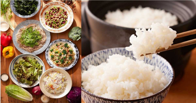 餐廳特別設置強調清爽、健康、低油的「日風野菜自助吧」（左），還主打「日本米飯無限吃」。（圖／乾杯提供）