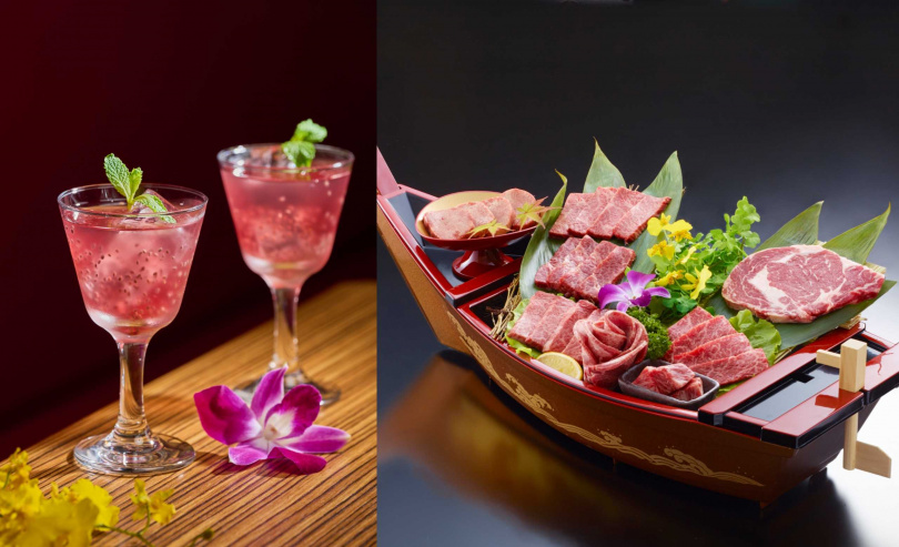 「奇亞籽蔓越莓醋飲」(左)、匯集牛舌、日本國產牛五花與和牛多種部位的「赤虎和牛豪華船盤組合」。(5,800元,圖/焼肉の名門赤虎提供)