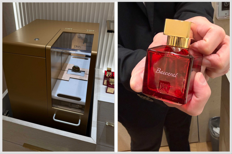 信義微風MFK旗艦店是全台唯一、與巴黎零時差同步的AI客製化刻字機正式駐店，提供兩款英文字體與金漆、銀漆選擇，讓香水成為專屬紀念（圖/品牌提供、黃筱婷攝）