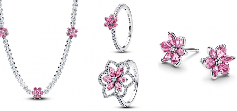 璀璨小花網球項鏈／6,280元、璀璨小花戒指／2,280元、雙層花語雞尾酒戒指／5,280元、璀璨浮游花耳環／3,080元（圖／品牌提供）