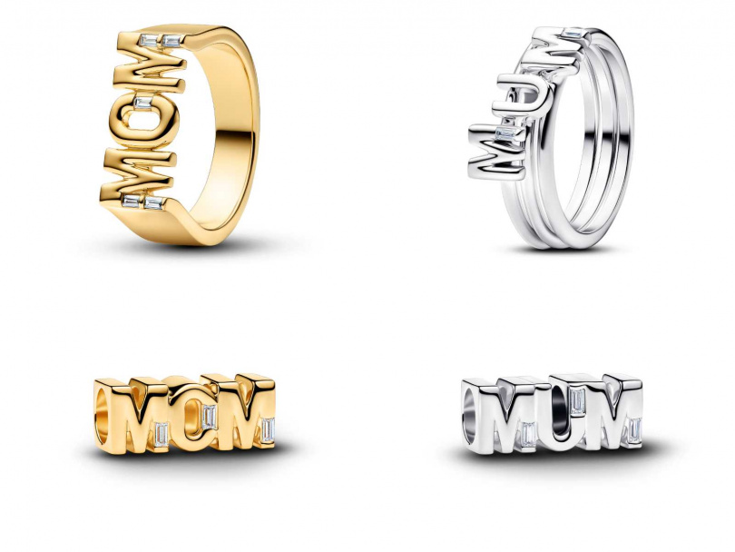 MOM 字母圖章戒指／4,680元、MUM 字母組合戒指／4,080元、MOM 字母串飾／2,280元、MUM 字母串飾／1,480元（圖／品牌提供）