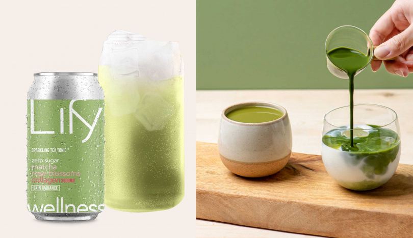 Lify Wellness「骨膠原玫瑰氣泡抹茶」（左，1,189元／12罐）、無憂ASOKA 「靜岡抹茶歐蕾沖泡飲」。（350元）