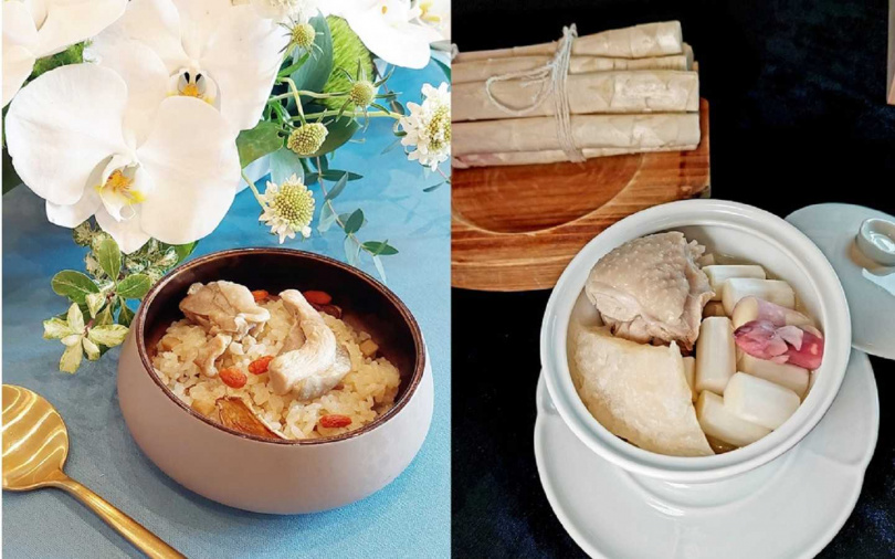 典藏套餐菜色「酒香麻油雞煨飯」（左）、經典套餐菜色「花膠白蘆筍燉雞盅」。（圖／魏妤靜攝）