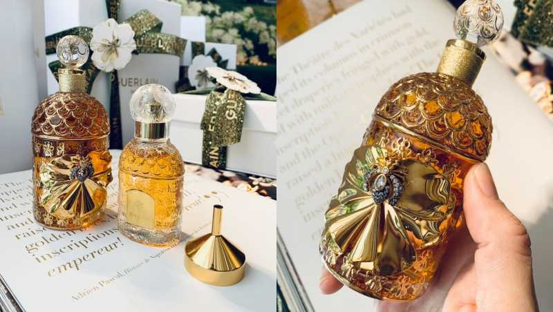 嬌蘭蜜境幻想淡香精澄金鑽鑲蜂印瓶／38,000元  透過不對襯的設計手法，讓蜜蜂與花朵的組合也能充滿詩意。（圖／吳雅鈴攝）