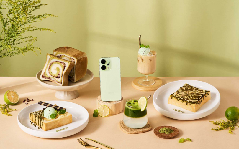 8月2日起至8月17日間,於Blivin Bakery店內將限時展示OPPO Reno14薄荷綠,並推出《OPPO 沁夏質感輕食》五款植感餐點及飲品。(圖/OPPO提供)