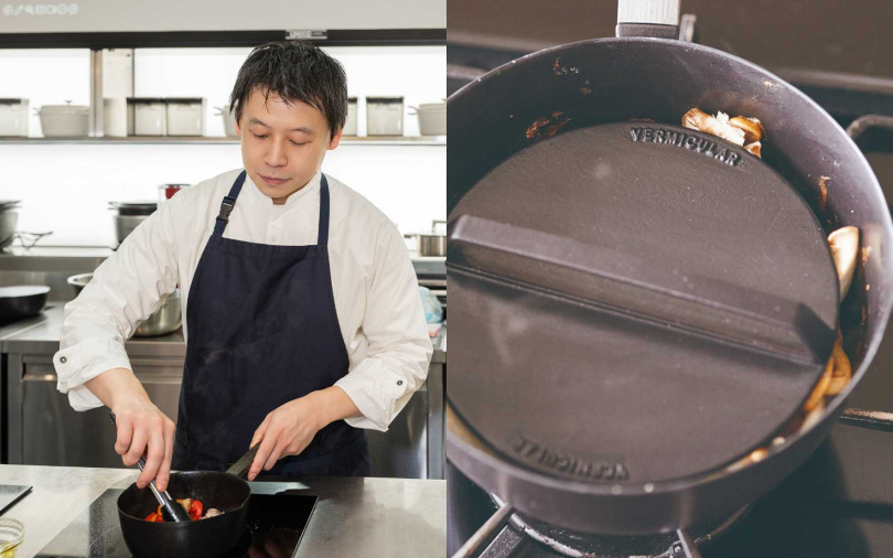 VERMICULAR食譜研發主廚Kevin Choo親身示範演繹料理，展現「琺瑯鑄鐵雪平鍋」對火候的精準掌握。（圖／品牌提供）