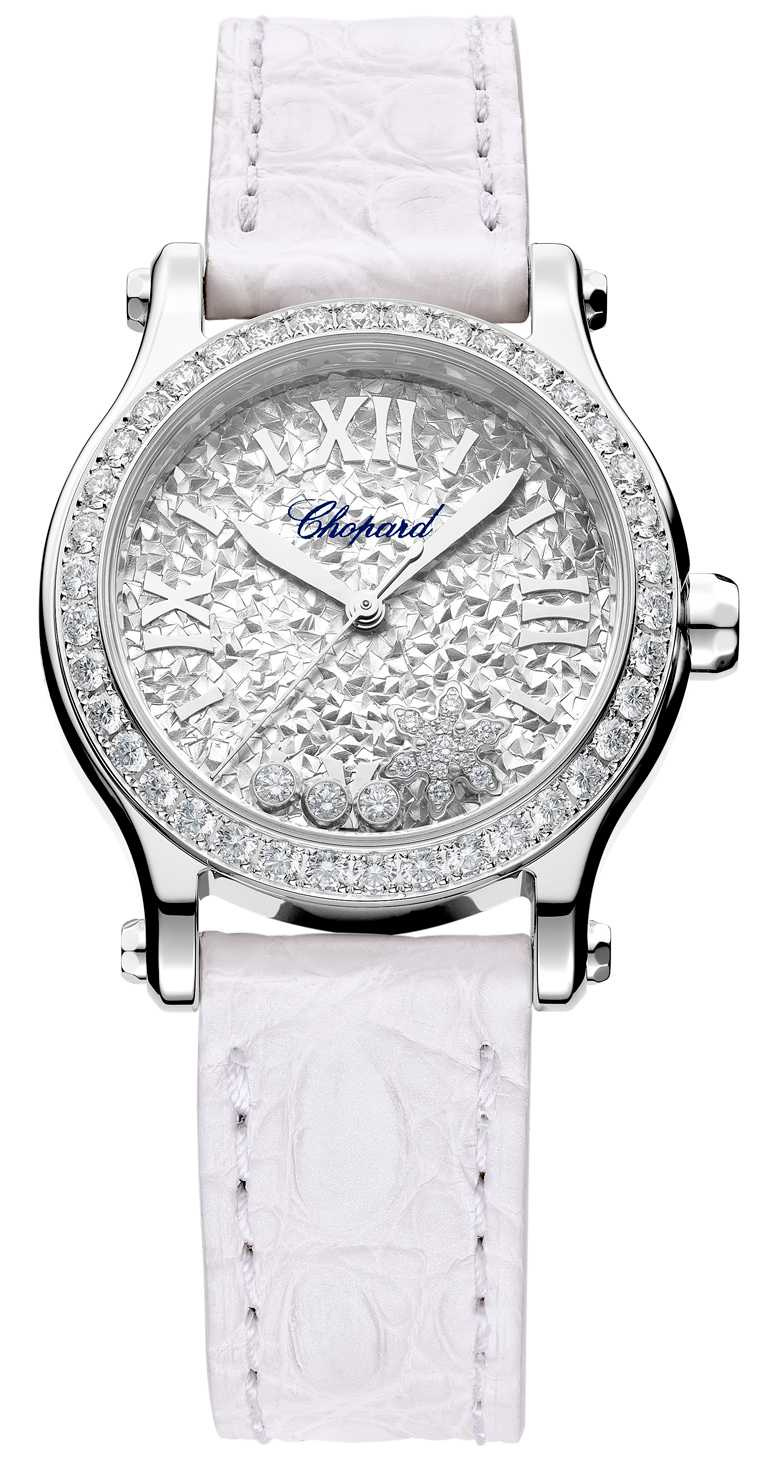 Chopard全新「Happy Snowflakes」精鋼腕錶，鑲鑽錶圈款╱485,000元。（圖╱Chopard提供）