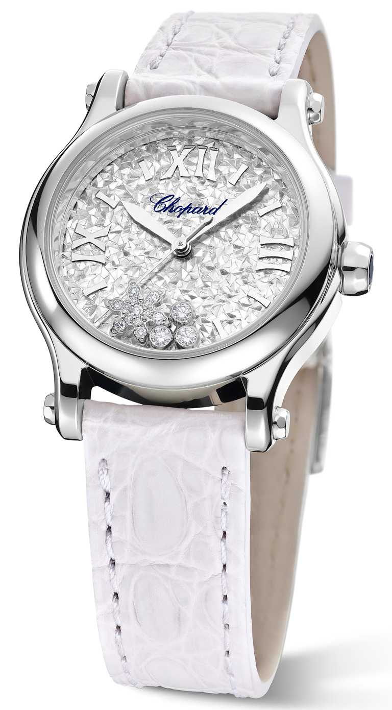 Chopard全新「Happy Snowflakes」精鋼腕錶，拋光錶圈款╱235,000元。（圖╱Chopard提供）