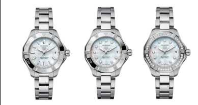 TAG Heuer Aquaracer Professional 200 Solargraph 34毫米太陽能腕錶珍珠母貝款（左）（建議售價77,400元)、34毫米太陽能腕錶珍珠母貝鑲鑽款（中）（建議售價97,600元)、 34毫米太陽能腕錶珍珠母貝錶圈鑲鑽款（右）（建議售價164,900元)（圖／品牌提供）