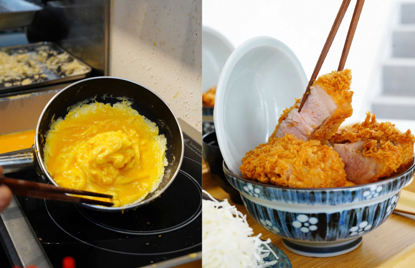 豚門特選台灣有機農場生產的「富硒蛋」每日新鮮配送，煎出半生熟如歐姆蛋口感的金黃燒蛋（左），右為「特盛豬排丼飯」厚達4公分的究好豬。（圖／魏妤靜攝）