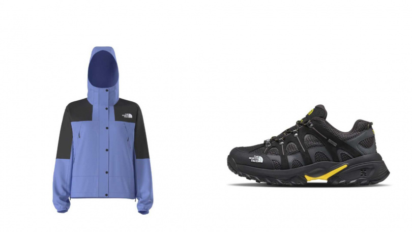 The North Face 北面女款藍色 DWR 防潑水防風外套/5,380元,The North Face 北面Hedgehog刺猬06重塑款GTX防水健行鞋/6,880元(圖/品牌提供)