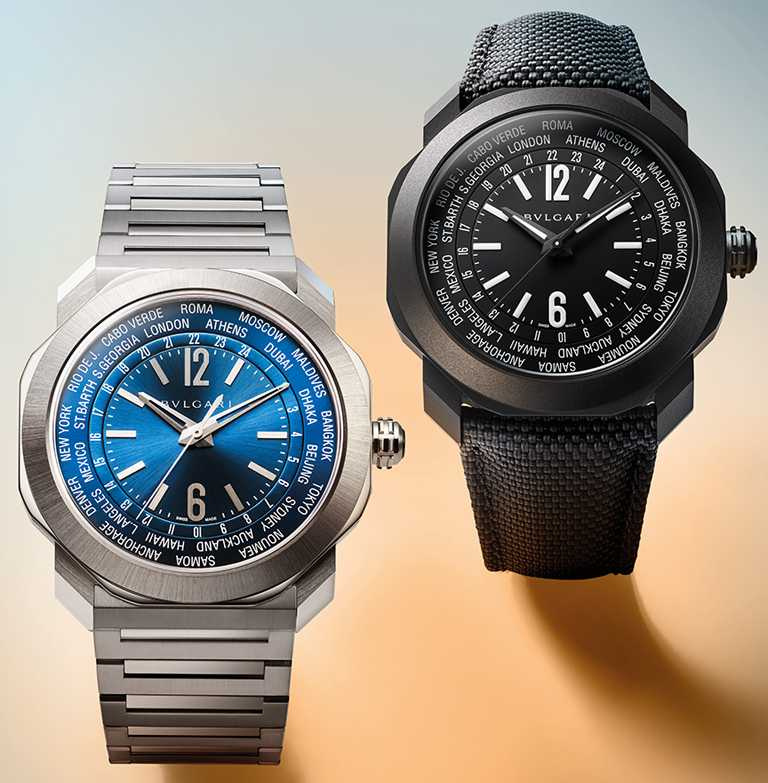 BVLGARI「Octo Roma WorldTimer」世界時區腕錶，（左）精鋼款，緞面拋光鋼製錶帶╱261,500元；（右）DLC類鑽碳款，黑色織紋橡膠錶帶╱261,500元。（圖╱BVLGARI提供）