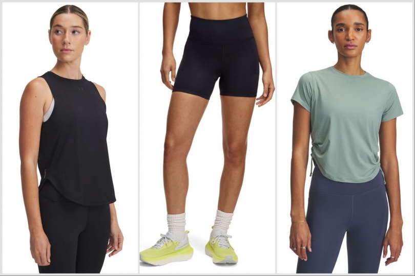 圖說:(左)UNDER ARMOUR LAUNCH 女裝ELITE背心/ 1,780元; (右)女裝涼感T恤/2,180元,(中)女 Launch Elite 4吋短褲/2,180元(圖/品牌提供)