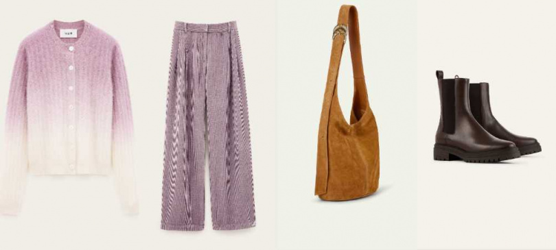 BANI紫色漸層羊絨開襟衫，VEDW直筒褲，CODA中筒靴，YouYou麂皮水桶包。（圖／品牌提供）