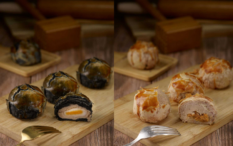 「黑金菠蘿芋泥流沙」（左）、「港式菠蘿芋頭肉鬆酥」。（圖／楊嘉明烘焙所提供）