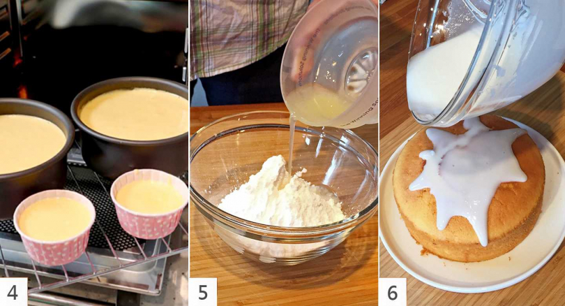 （4）入模烘烤。（5）攪檸檬汁、糖粉。（6）淋糖霜、撒檸檬皮。（圖／施岳呈、楊麗雯攝）