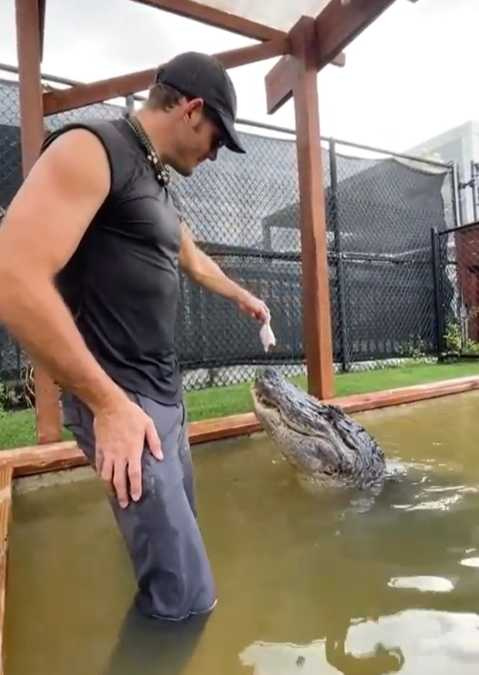 克里斯餵食鱷魚。（圖／翻攝自臉書）