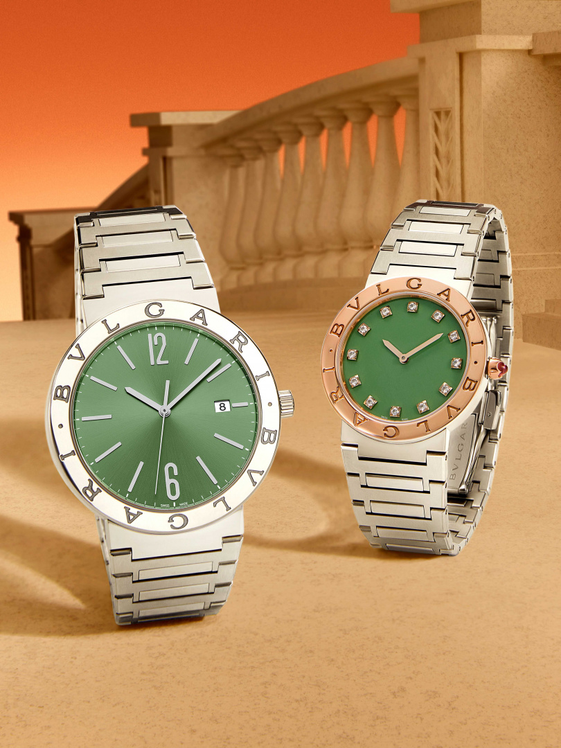 BVLGARI BVLGARI MAN & LADY精鋼與玫瑰金綠色漆面腕錶--七夕限定款／價格店洽（圖／品牌提供）