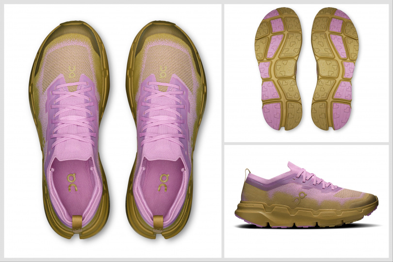 On昂跑Cloudsoma越野跑鞋男鞋款#櫻花粉/荒原棕，主打地形感知與穩定抓地。（圖／品牌提供）