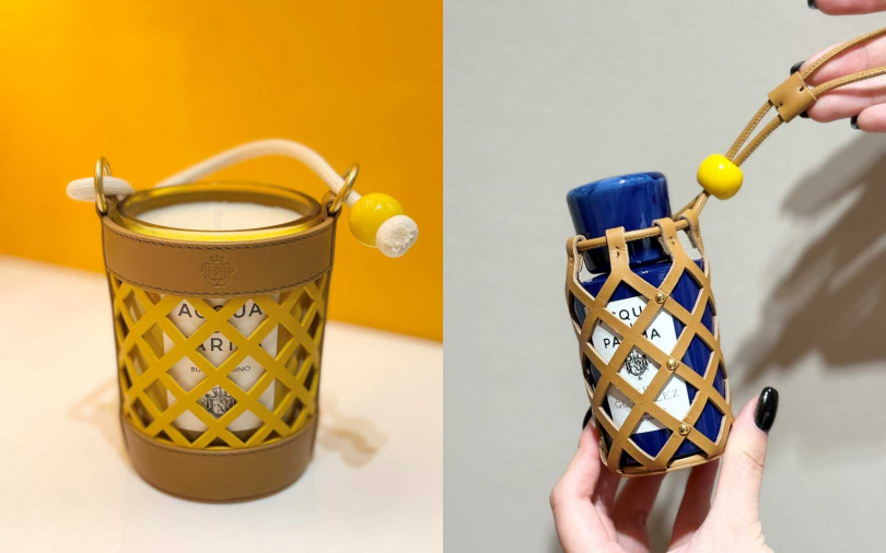 Acqua di Parma義式工藝限量桶型燭袋/11,000元、義式工藝限量香水皮革提袋/7,900元(圖/吳雅鈴攝)