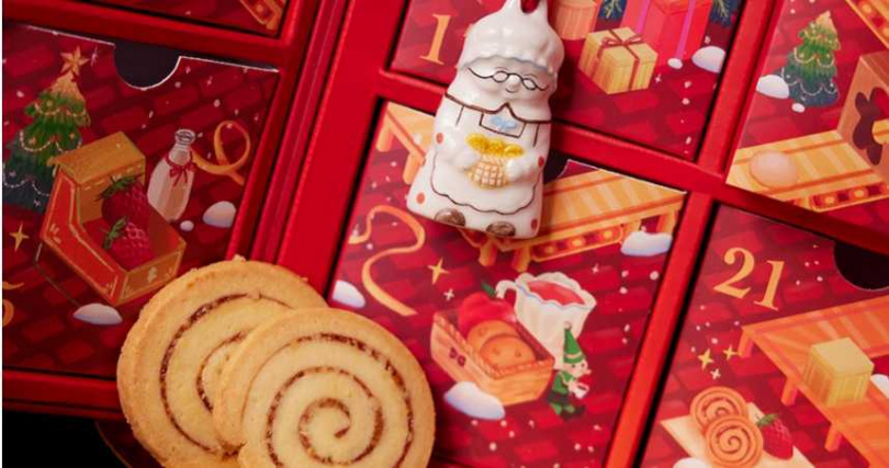 「聖誕餅乾夢工廠」倒數月曆禮盒內容物包含餅乾香氛蠟燭、詩特莉奶奶聖誕吊飾，以及多款季節限定餅乾。（圖／Aunt Stella詩特莉提供）
